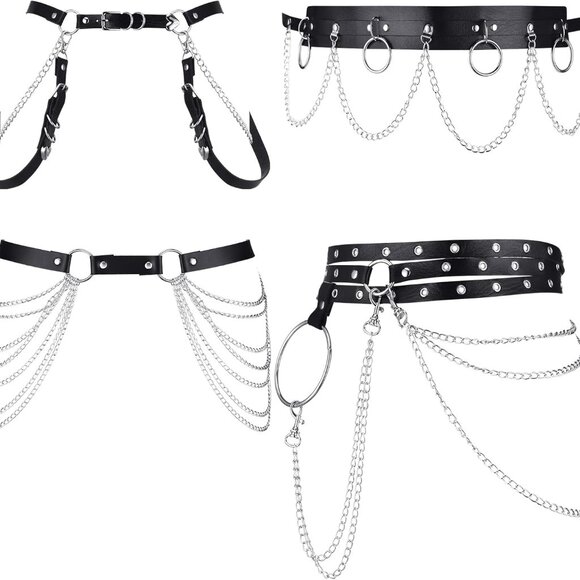 4 Pcs Punk Black Chain Belt Black Leather Belly Chains for Women Goth Body Layer,New Products : American Fashion Style Bags On Sale